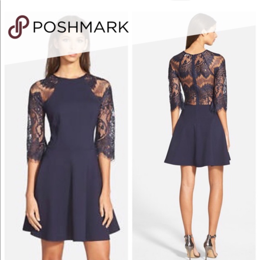 Bb Dakota 3/4 Sleeve Navy Lace Skater Dress XS